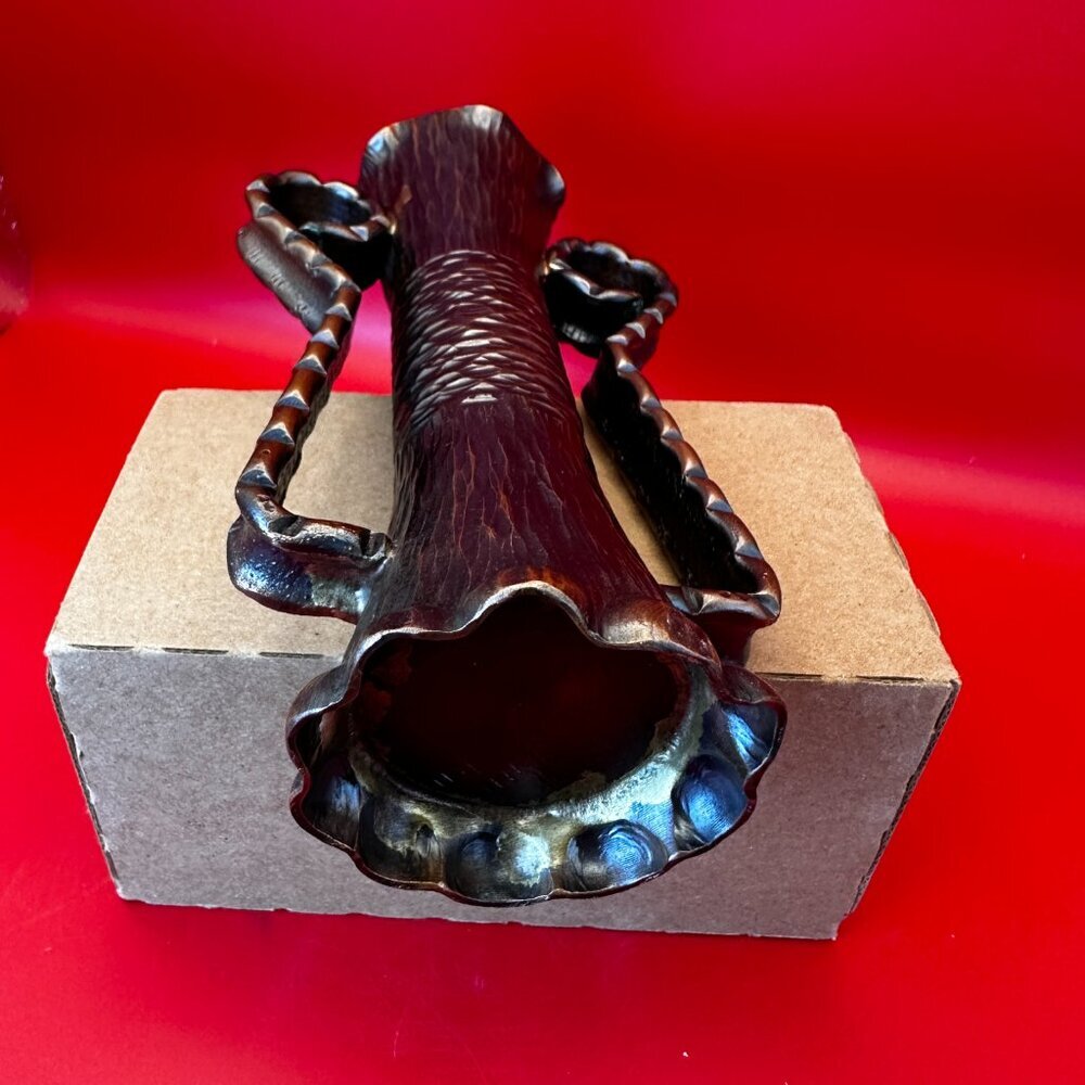VINTAGE BRONZE VASE, TEXTURED SURFACE AND STYLIZED HANDLES - Picture 6 of 9
